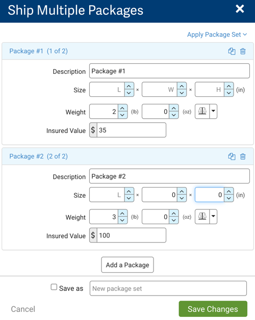Ship Multiple Packages pop-up. Apply Package Set drop-down. Gives weight and dimension details for packages