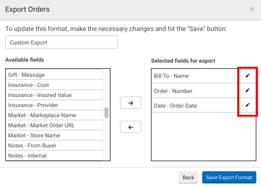 Export Orders popup. Red box highlights Edit buttons beside selections in Fields to Export column.