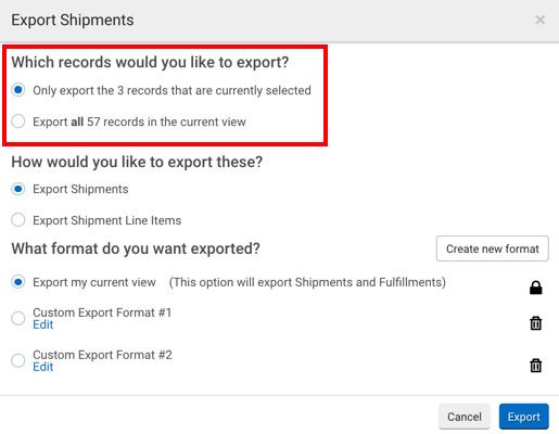 Export Shipments popup. Red box highlights radio button options for Which records to export: All or only those currently selected.