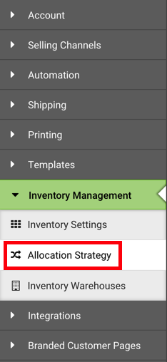 Settings Sidebar. Inventory Management dropdown: Red box highlights Allocation Strategy option.