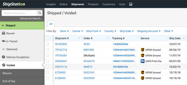 Shipments grid with the Voided shipments section displayed