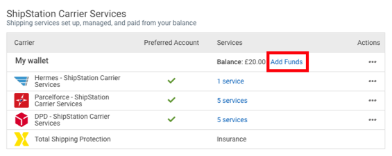Carriers Settings page. Box highlights the Add Funds action.