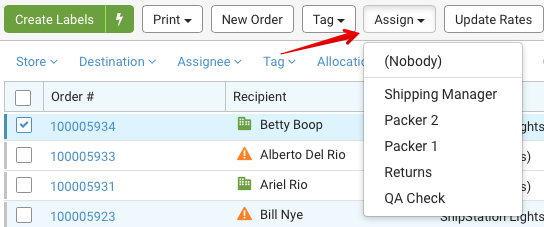 Orders page Action bar. Red arrow points to Assign dropdown.
