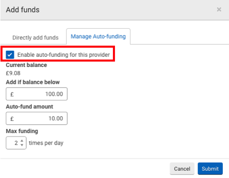 ShipStation Carrier Services "Add funds" pop-up. Box highlights checked "Enable auto-funding for this provider" option.
