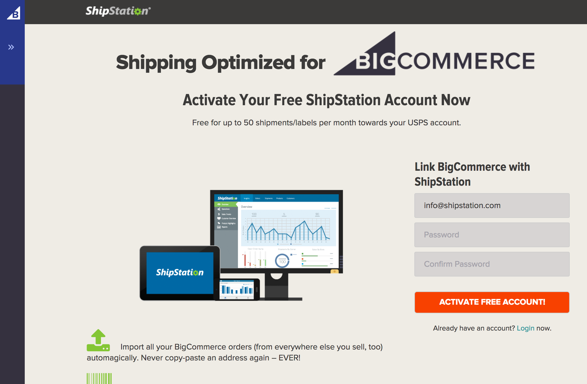 BigCommerce ShipStation Login pop-up menu.