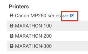 Edit Device Name: Red box & hand cursor indicate Edit pencil icon to rename Printers in list.