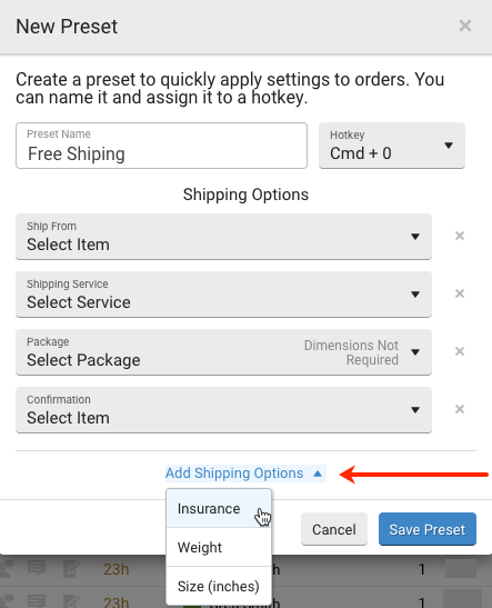 New Preset pop-up. Arrow points to Add Shipping Options dropdown