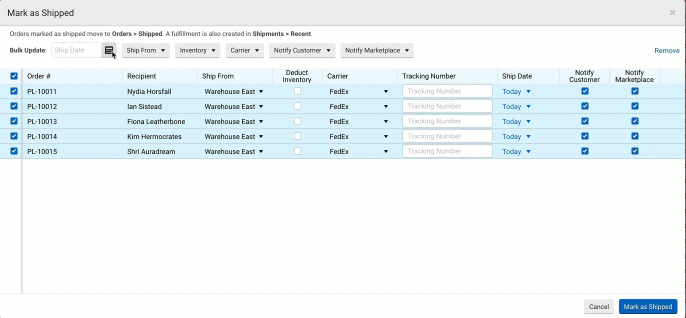 Bulk Mark as Shipped popup, shows all of the features in each column