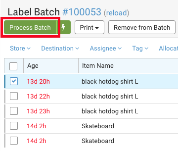Label Batch popup. Red box highlights Process Batch button.