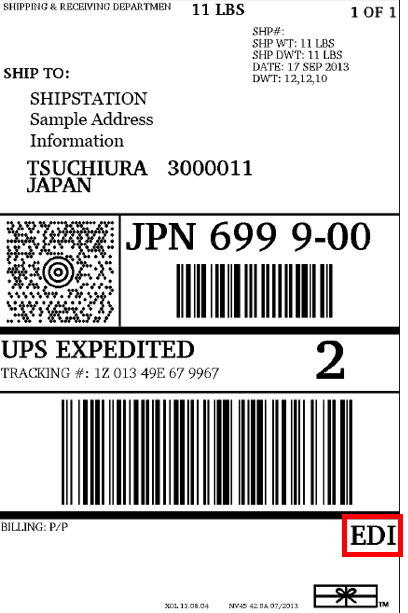 UPS label sample with "EDI" designation highlighted by red box in lower right corner.