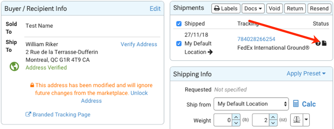 Closeup of Shipments panel. Red arrow points to Customs Form icon.