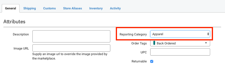 Product details general tab with Reporting Category drop-down menu highlighted.