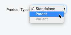 Product Type menu drop-down with Parent option selected.