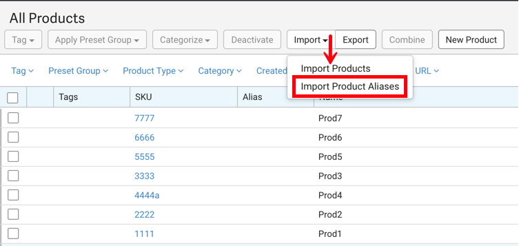 Arrow on the Import button pointing to Import Product Aliases in the dropdown.