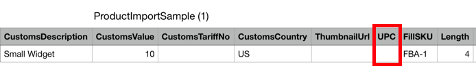 Product import CSV headings and fields. Red box highlights UPC column.