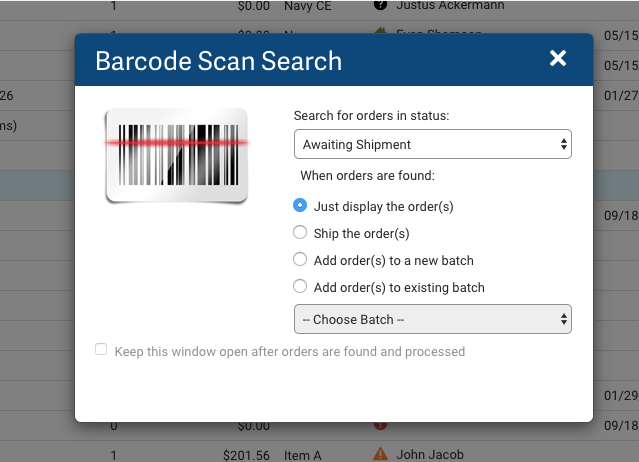 Barcode Scan Search pop-up menu.