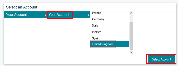 Amazon account country menu with United Kingdom option selected.