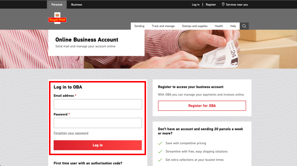 Screenshot of Login Page for Royal Mail Online Business Account.