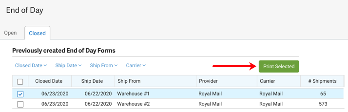 Royal Mail Closed Shipments menu with arrow pointed to Print selected button.