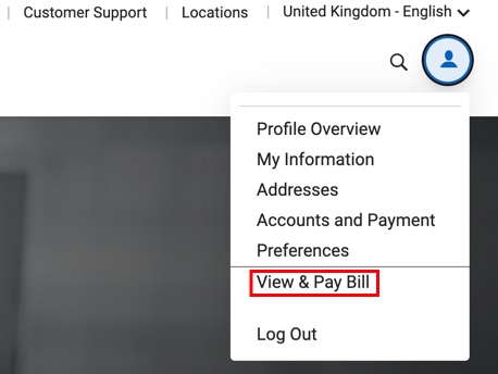 UPS Profile menu with View & Pay Bill item highlighted.