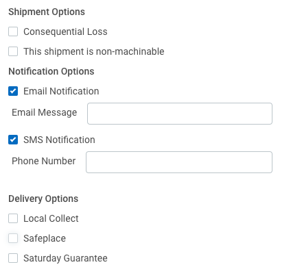 Royal Mail Shipment option with the notification options for Email and SMS checked.