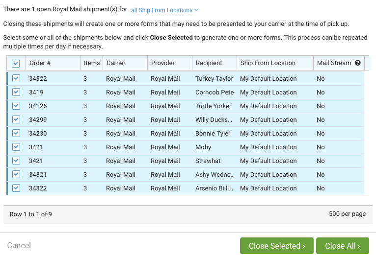 Close Shipment pop-up for Royal Mail shipments.