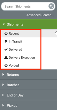 Shipment sidebar with Shipped statuses highlighted: Recent, In Transit, Delivered, & Delivery Exception.