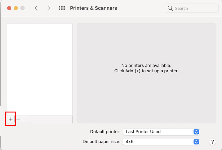 The Add Printer button (plus sign icon) is highlighted in the Printers and Scanners window.