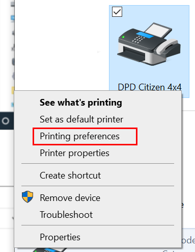 Right-click menu of DPD Citizen 4x4 printer open with Printing Preferences option highlighted.