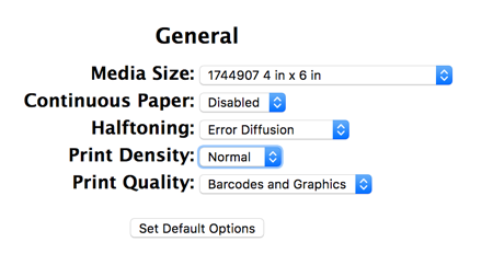General default settings for DYMO label printer.