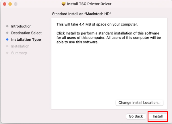 Mac Install TSC Printer Driver wizard. Install button highlighted.