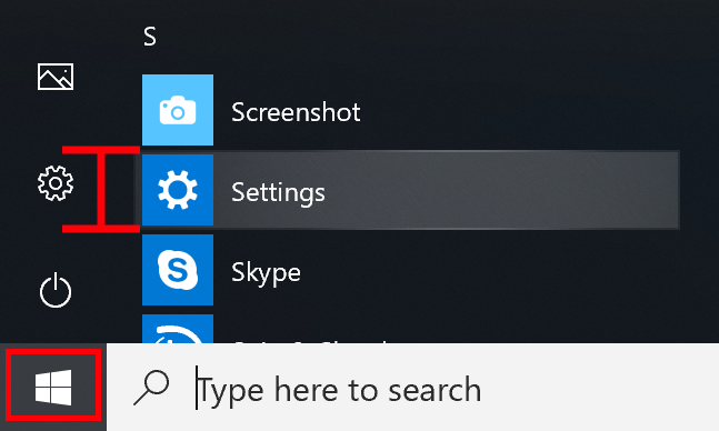 Windows start menu open from bottom left of desktop, with Settings menu option highlighted.
